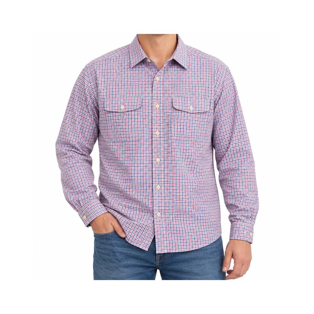 Orvis Shirt Mens Large Plaid Blue Pink Seersucker Quick Dry Outdoor Fishing